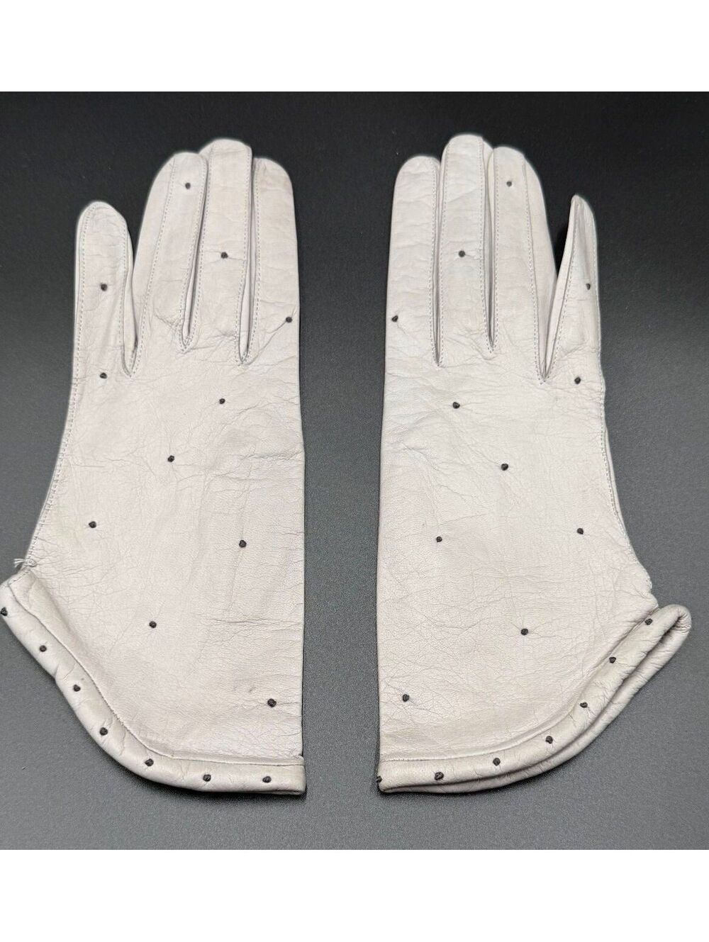 Vintage Light Grey Studded Leather Driving Gloves Short Wrist Women's Size 7